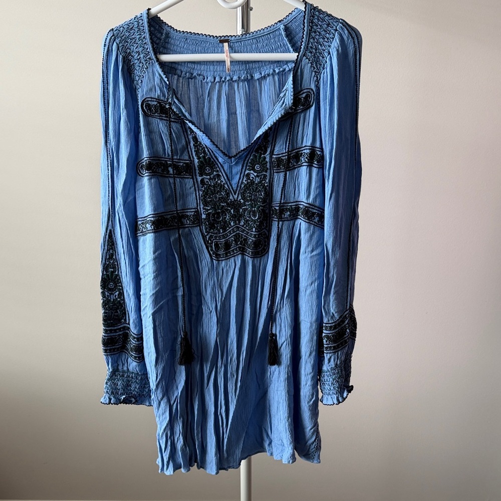 Free People Blue Tunic with Black Embroidery